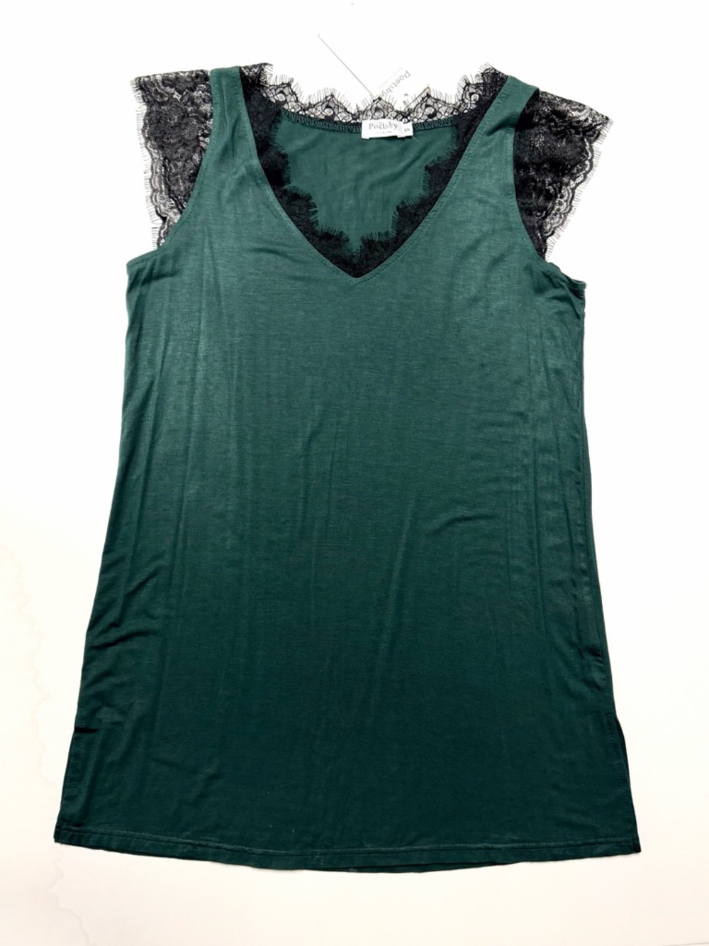 Lace-Trim V-Neck Tank - Forest Green